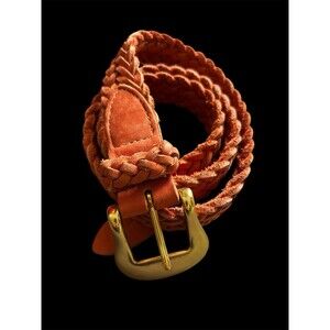 Vtg Lands End Braided Orange Leather Brass Western Buckle Jean Belt Cottagecore